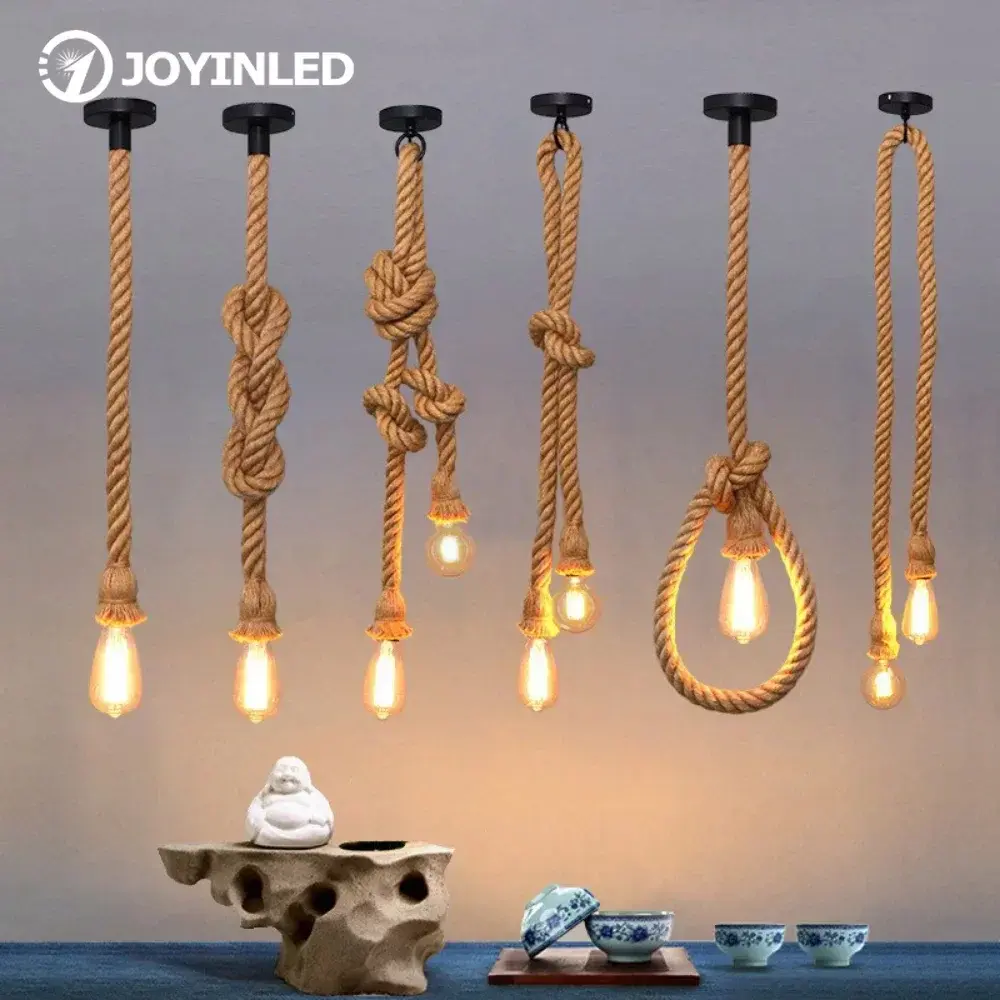 Industrial E27 Vintage Hemp Rope Pendant Lights Attic Personality Indoor Lightin