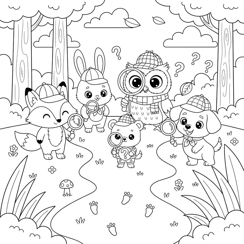 Hình thu nhỏ: Cartoon animals investigate with magnifying glasses. Question marks appear around them.