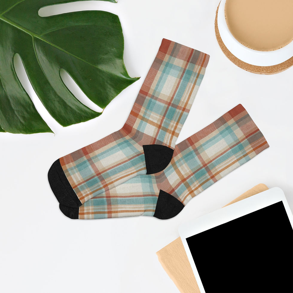 Thumbnail: Plaid Crew Socks — Retro Rust & Teal Check Pattern Recycled Poly Socks