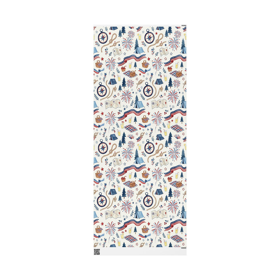 Hình thu nhỏ: July 4th Wrapping Paper Roll — Fireworks, Compass & Summer Picnic Gift Wrap