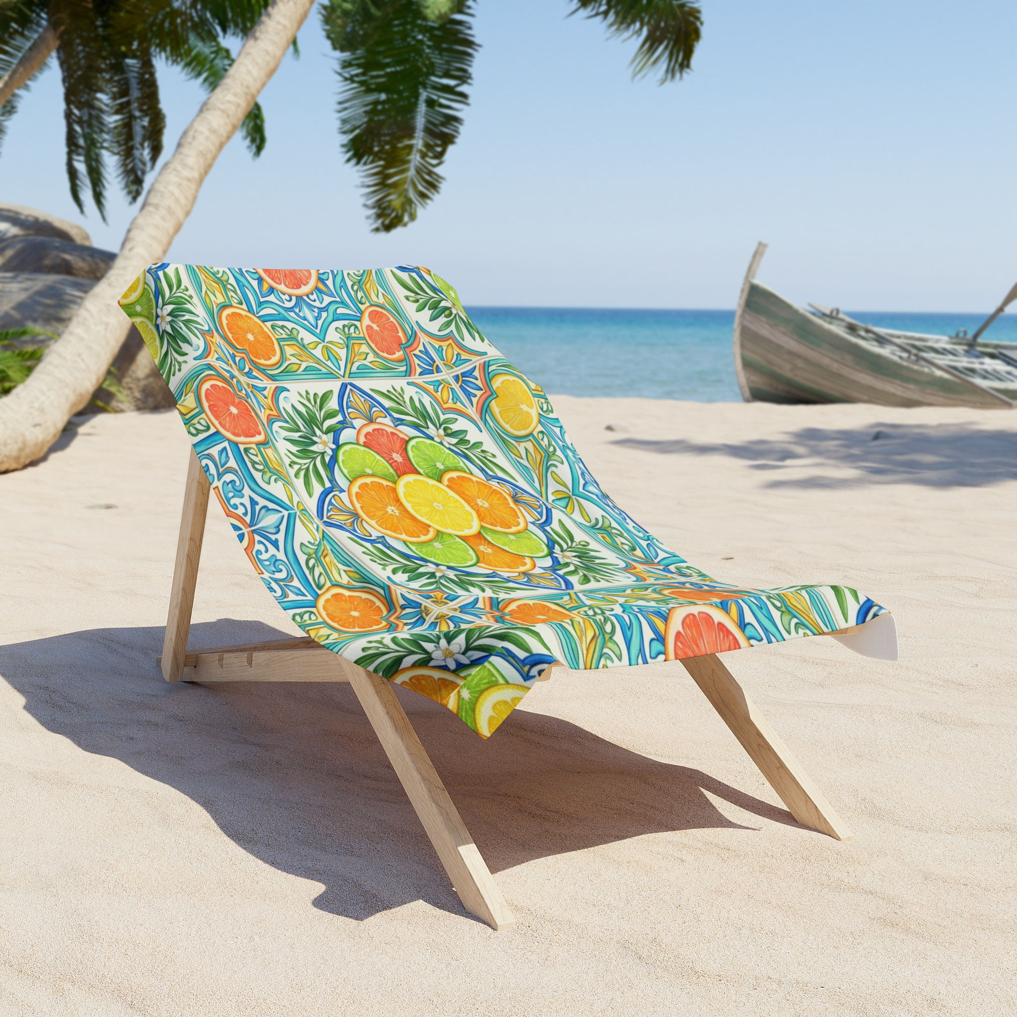 Citrus Tile Beach Towel — Mediterranean Orange & Lemon Pattern