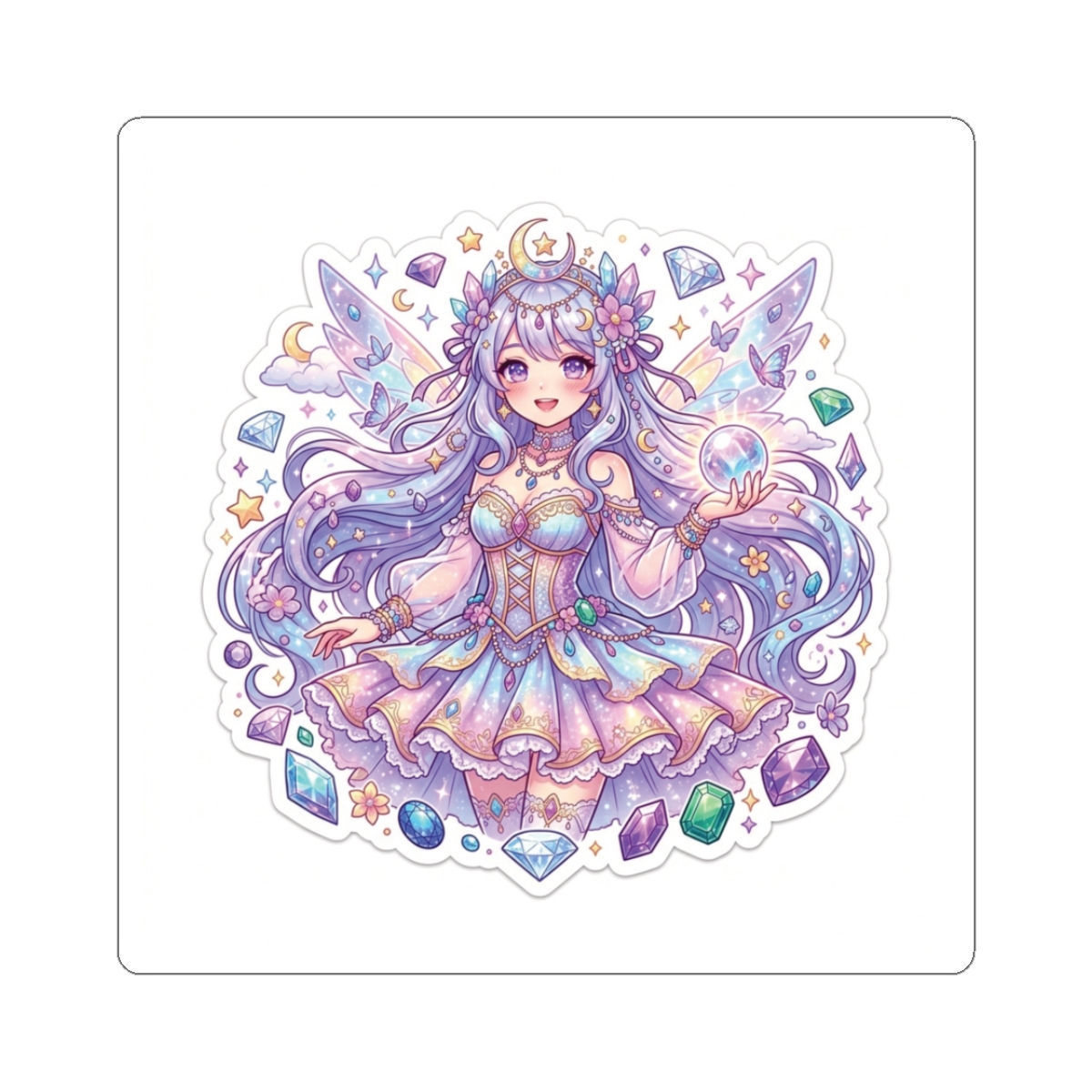 Pastel Crystal Fairy Sticker — Cute Magical Girl Kiss-Cut Vinyl Sticker