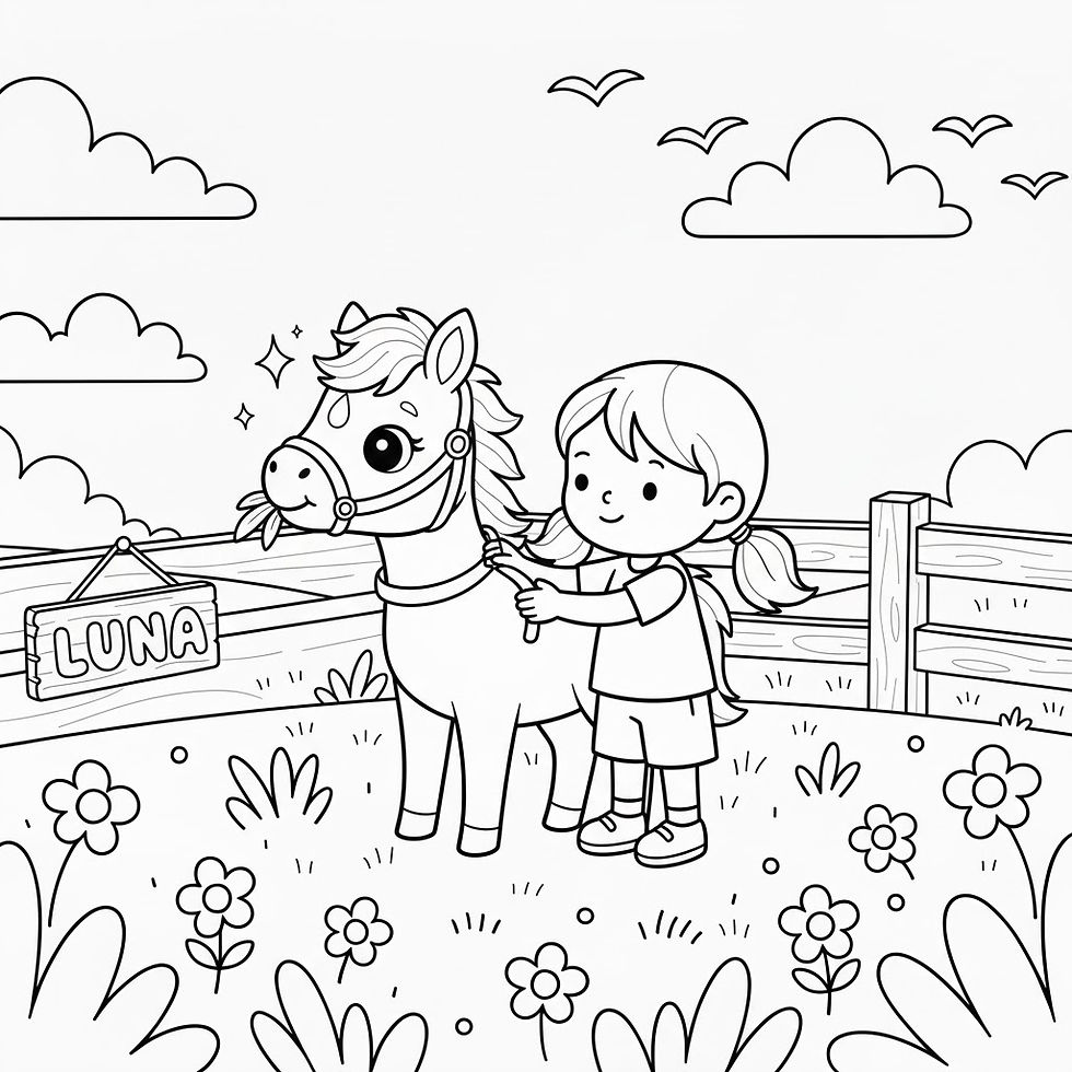 Hình thu nhỏ: Girl petting a pony named Luna on a sunny day with clouds.