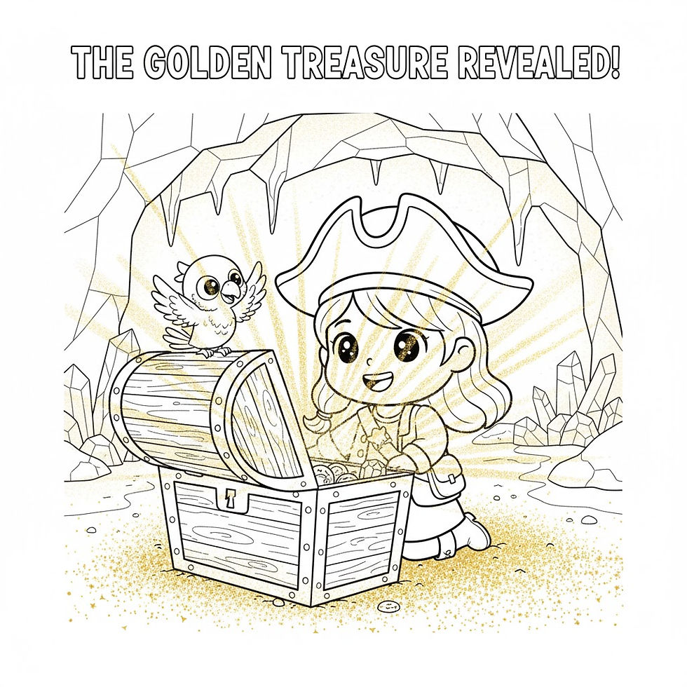 Hình thu nhỏ: Girl opening treasure chest with bird; "The Golden Treasure Revealed!" background scene.
