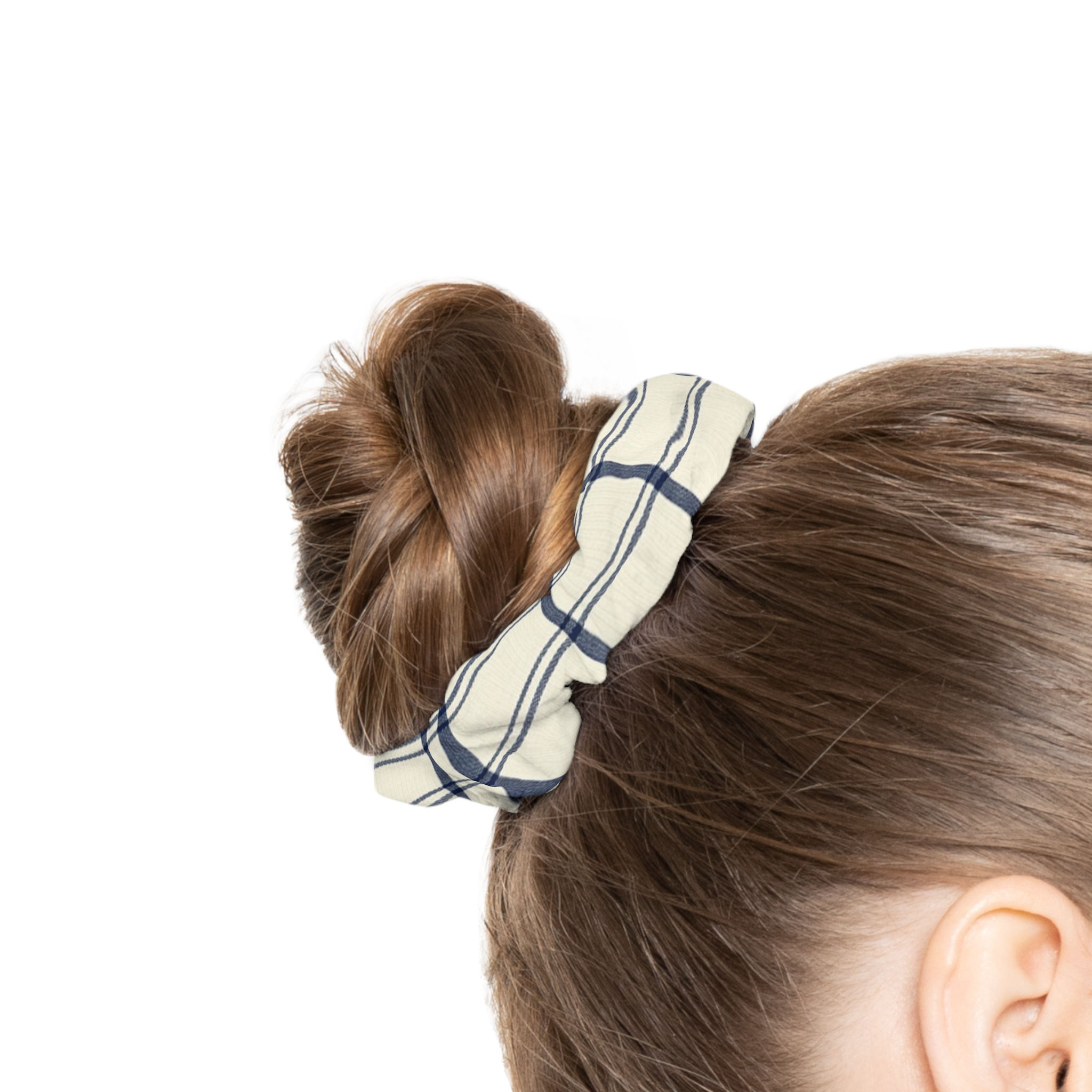 Navy Windowpane Plaid Scrunchie — Soft Neutral Hair Tie
