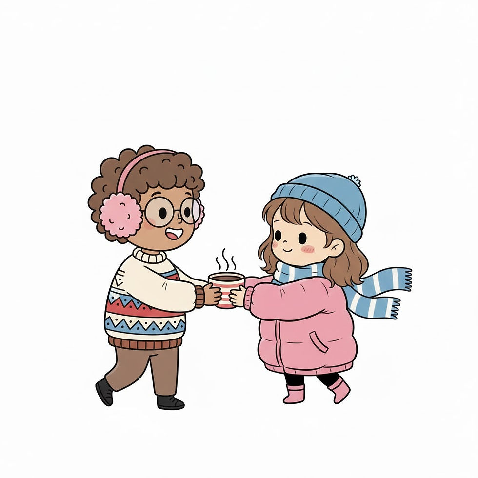 Hình thu nhỏ: Two cartoon children sharing a warm drink on a cold winter day.
