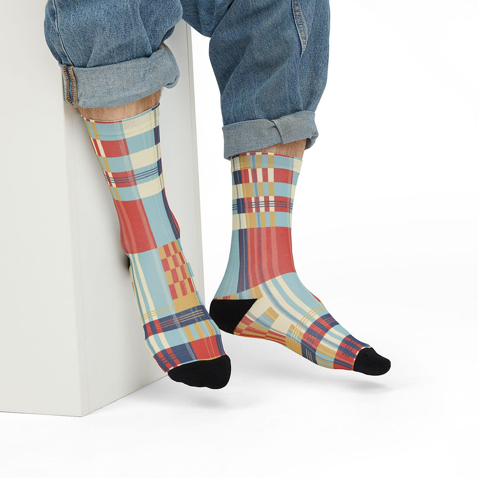 Thumbnail: Colorblock Plaid Crew Socks — Retro Geometric Patterned Socks