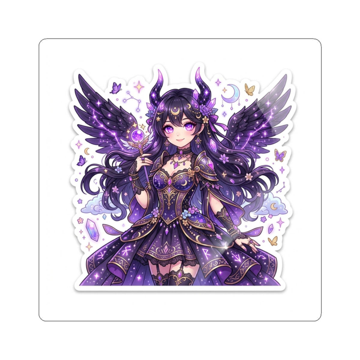Dark Moon Angel Kiss-Cut Sticker — Purple Gothic Anime Winged Girl