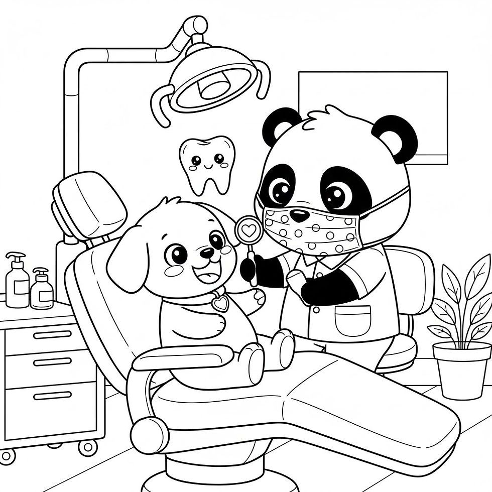 Hình thu nhỏ: Panda dentist treating dog patient, smiling tooth and medical tools present.