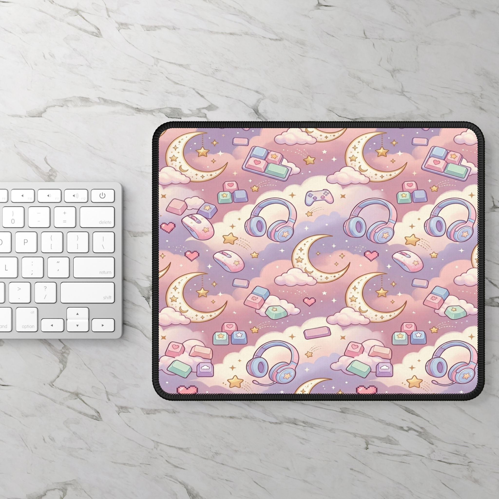 Lavender Gamer Mouse Pad — Cute Pixel Controllers, Hearts & Potions Desk Mat