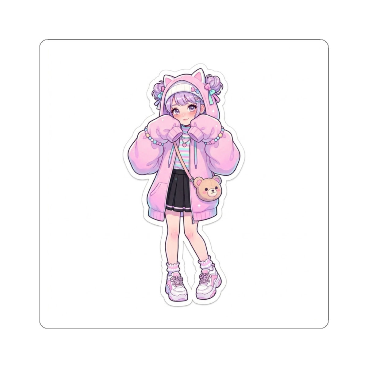 Kawaii Pink Pastel Girl Sticker — Cute Anime Cat Hoodie Kiss-Cut Sticker