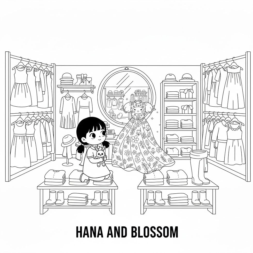 Hình thu nhỏ: Illustration of a girl at a boutique with clothes, HANA AND BLOSSOM scene.
