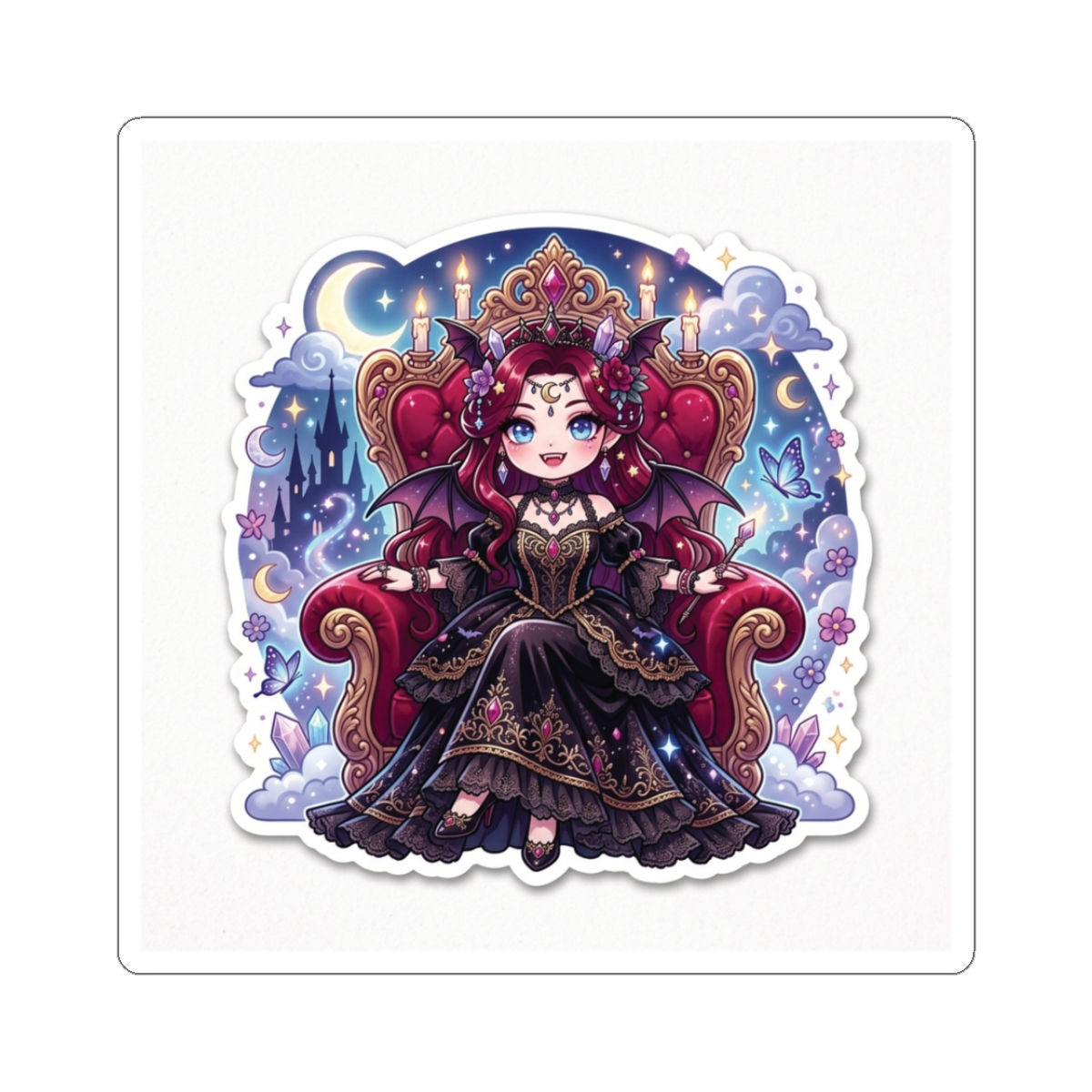 Vampire Queen Kiss-Cut Sticker — Gothic Throne Chibi Vampire Decal