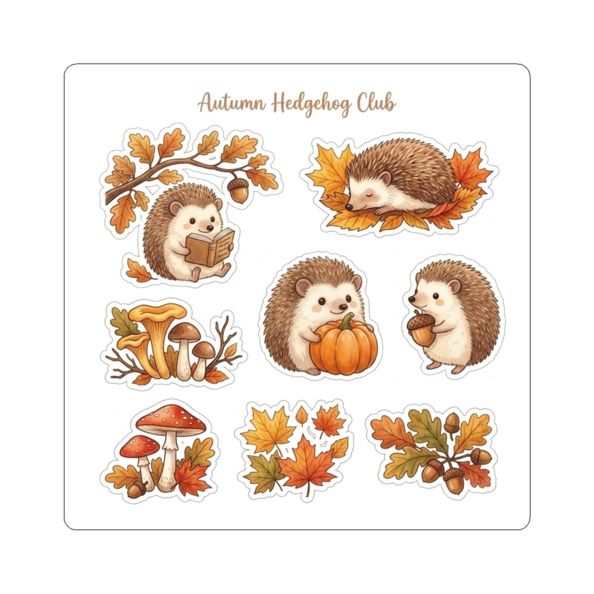 Autumn Hedgehog Club stickers | Kiss-Cut Sticker Sheet, Fall Leaves & Pumpkin