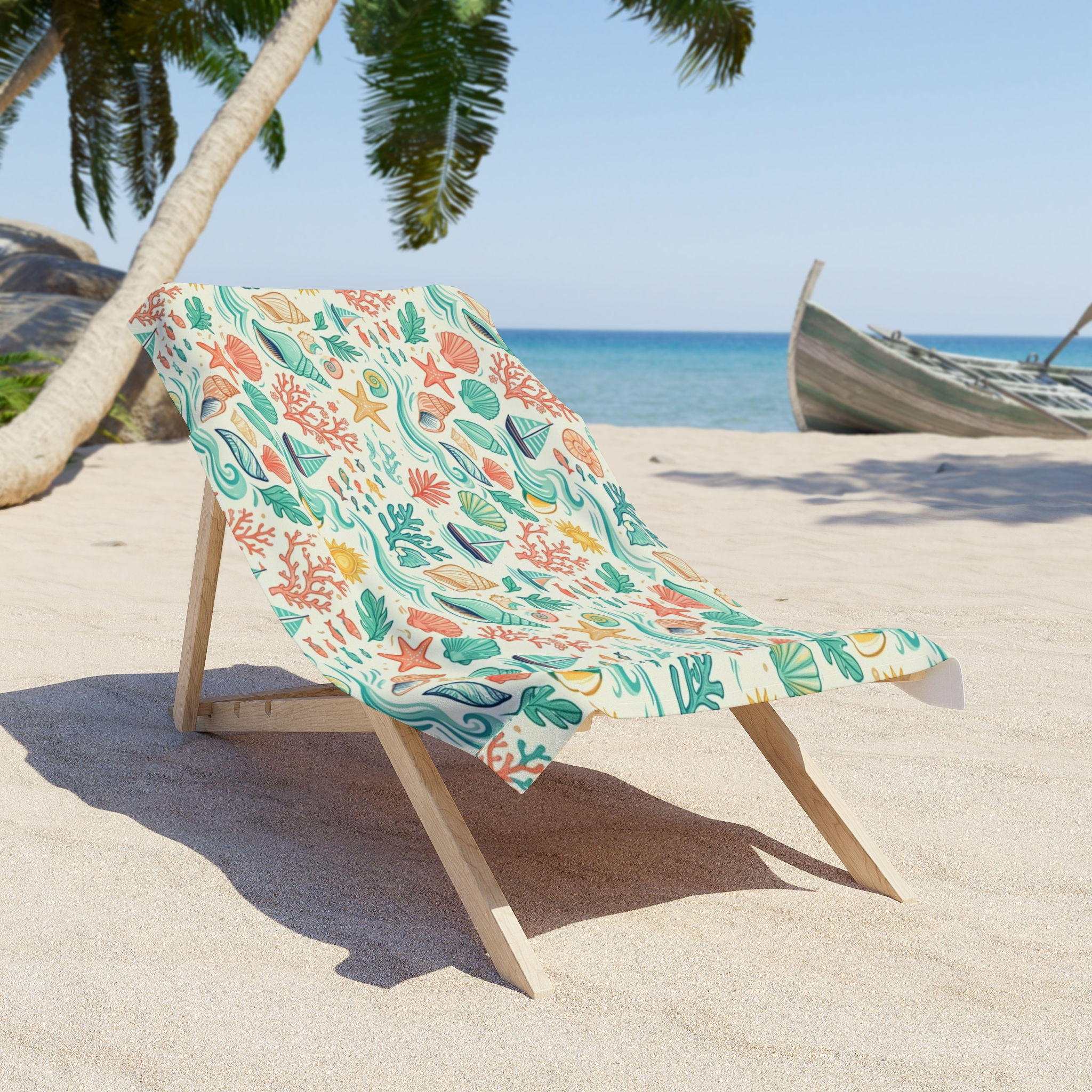Beach Towel — Coral Seas Patterned Beach Towel (Shells, Starfish & Sailboats)