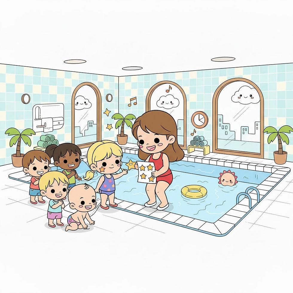 Thumbnail: Children and instructor at indoor pool with flotation devices, learning together.
