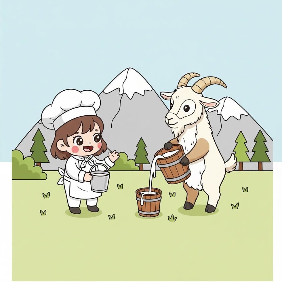 Thumbnail: Chef girl with bucket and goat pouring milk cartoon scene with mountains