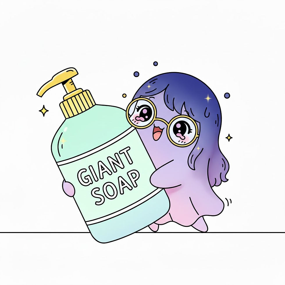 Thumbnail: Cute cartoon ghost holding giant soap bottle with text, cleaning fun concept.
