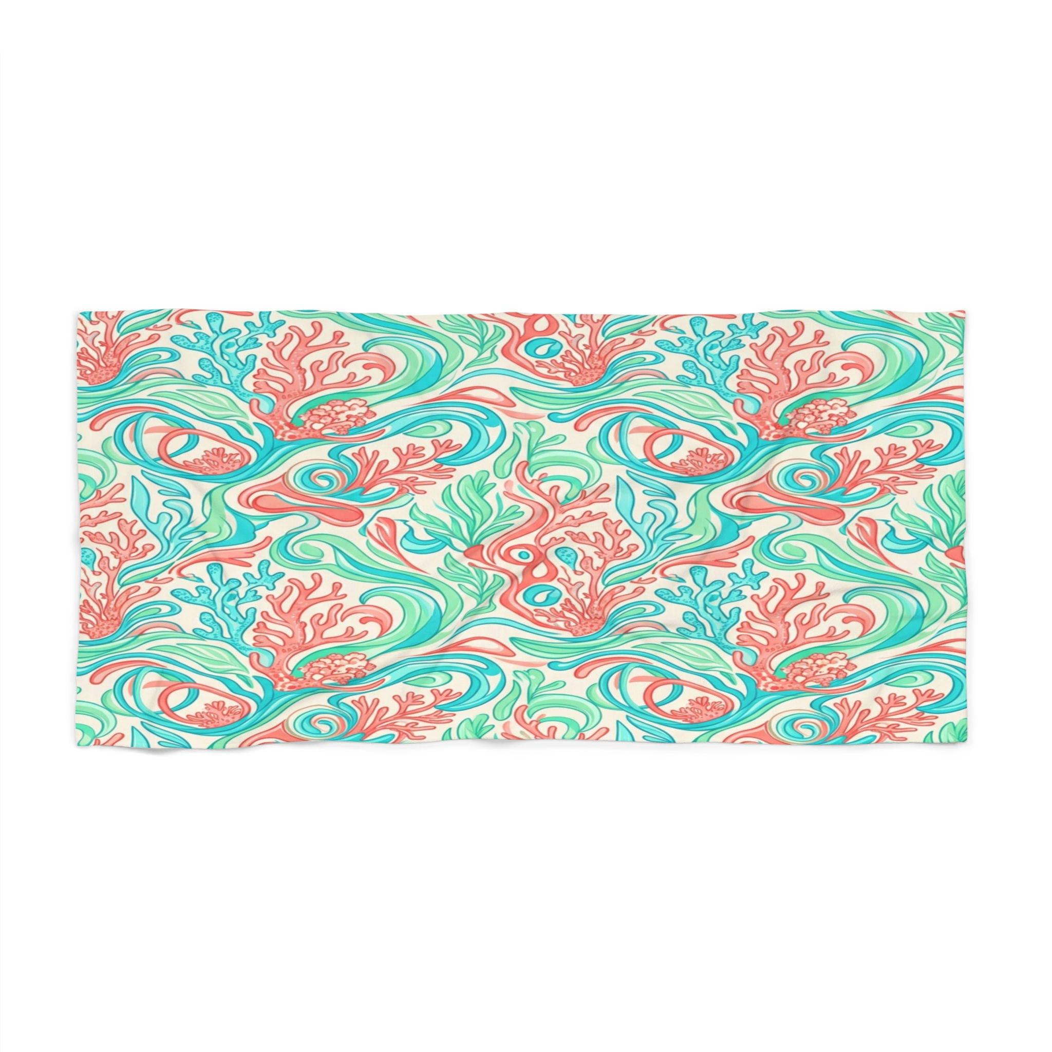 Coral Reef Swirl Beach Towel — Tropical Teal & Coral Ocean Pattern
