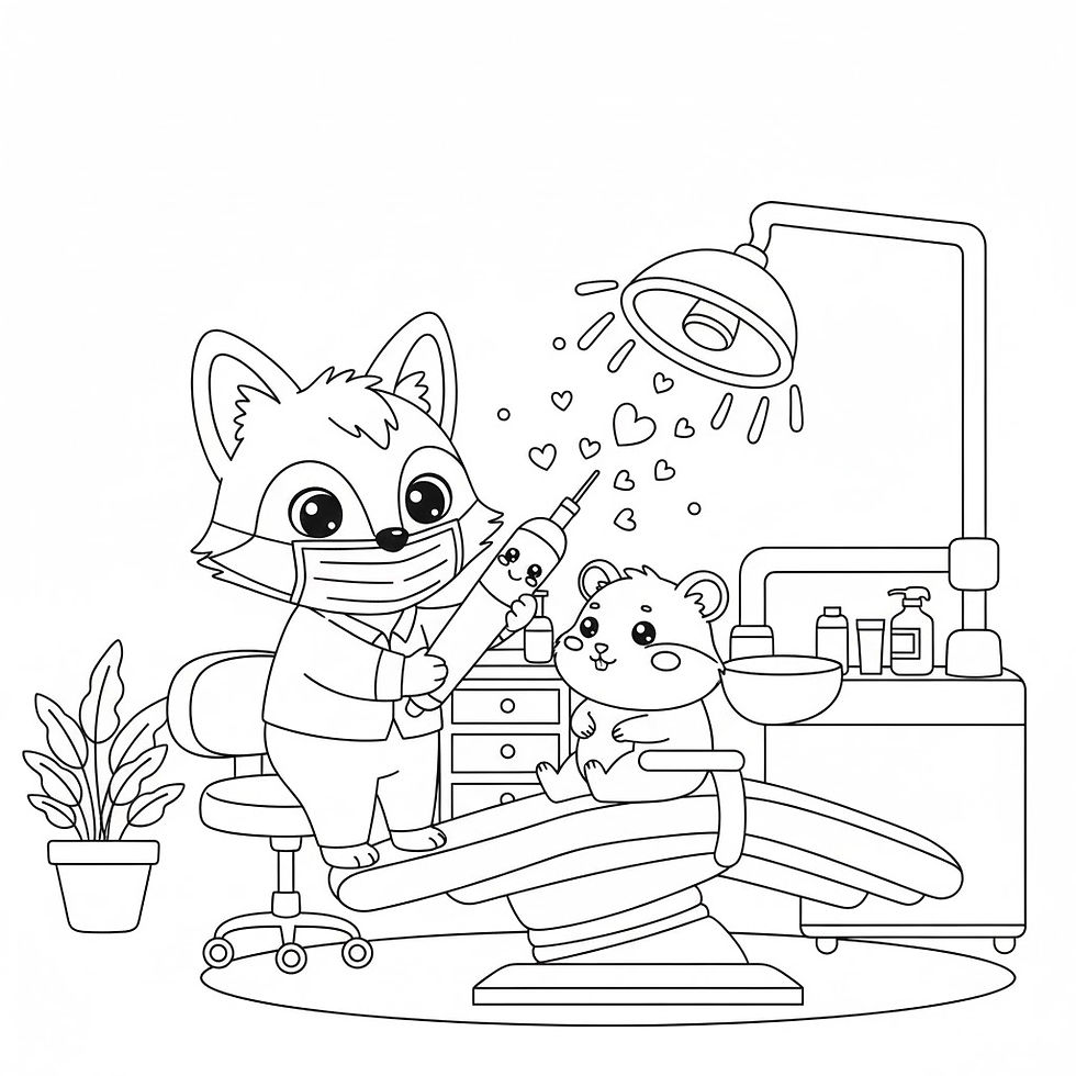 Hình thu nhỏ: Cartoon fox dentist and hamster patient. Medical scene and equipment around. Hearts.