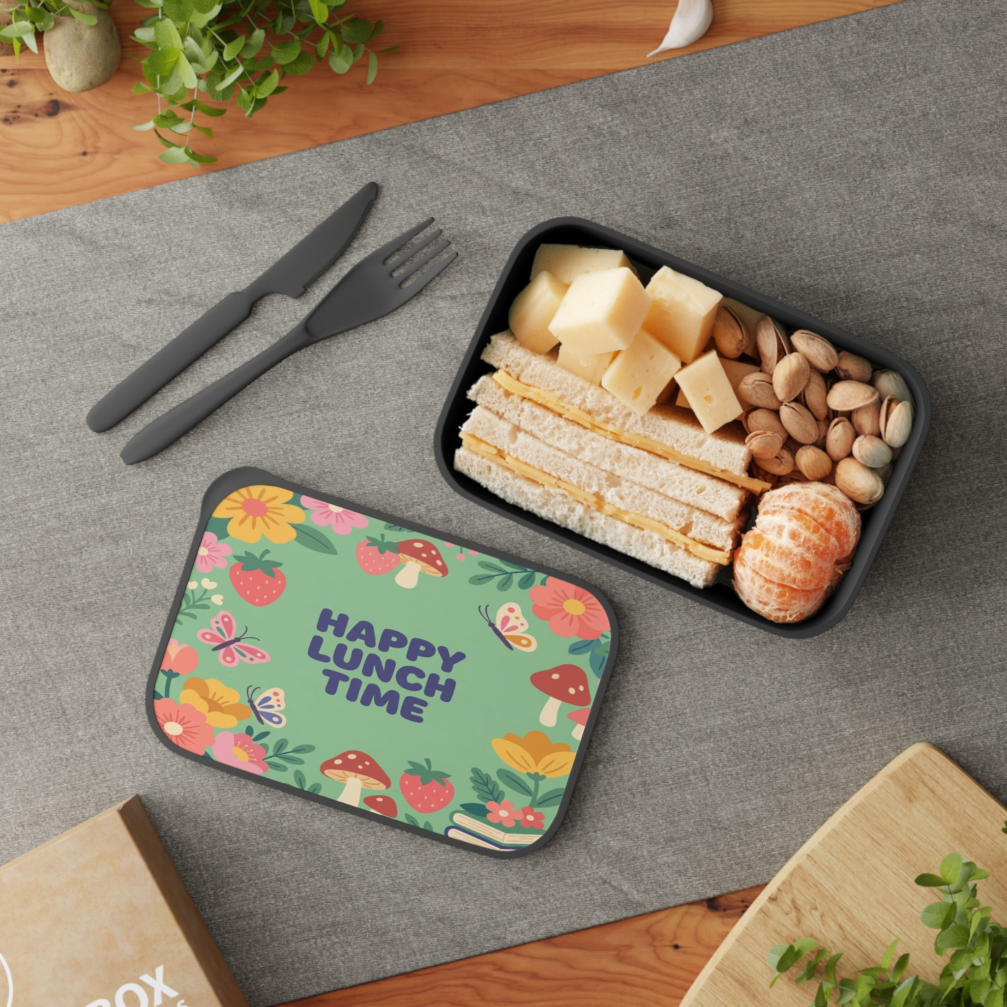 Happy Lunch Time Floral Bento Box with Utensils