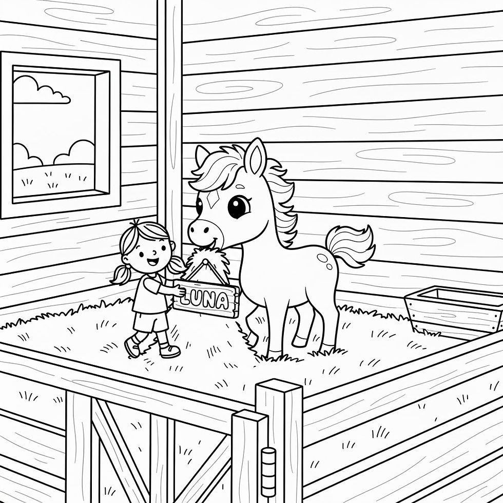 Hình thu nhỏ: Young girl holding a "Luna" sign next to a cute pony in a stable.