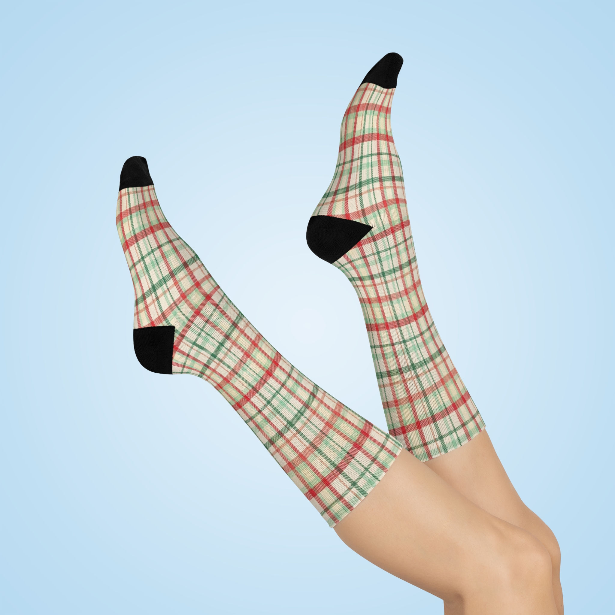 Holiday Plaid Cushioned Crew Socks — Red & Green Tartan Comfort