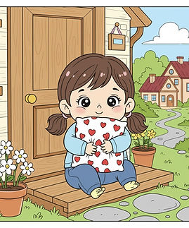 Cute smiling girl with brown hair holding pillow in front of door.