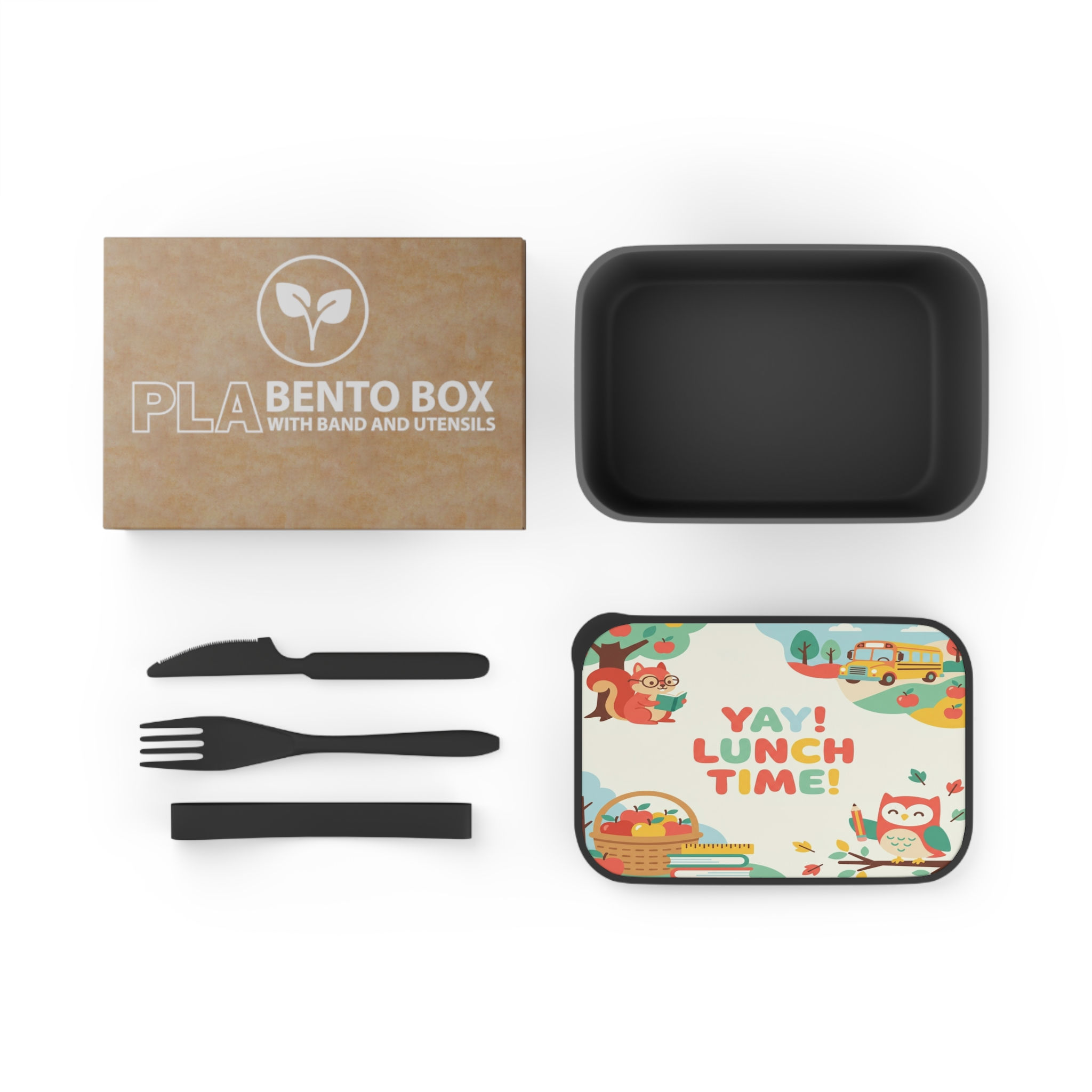 Kids' Bento Lunch Box — "Yay! Lunch Time!" Eco PLA Box with Band & Utensils
