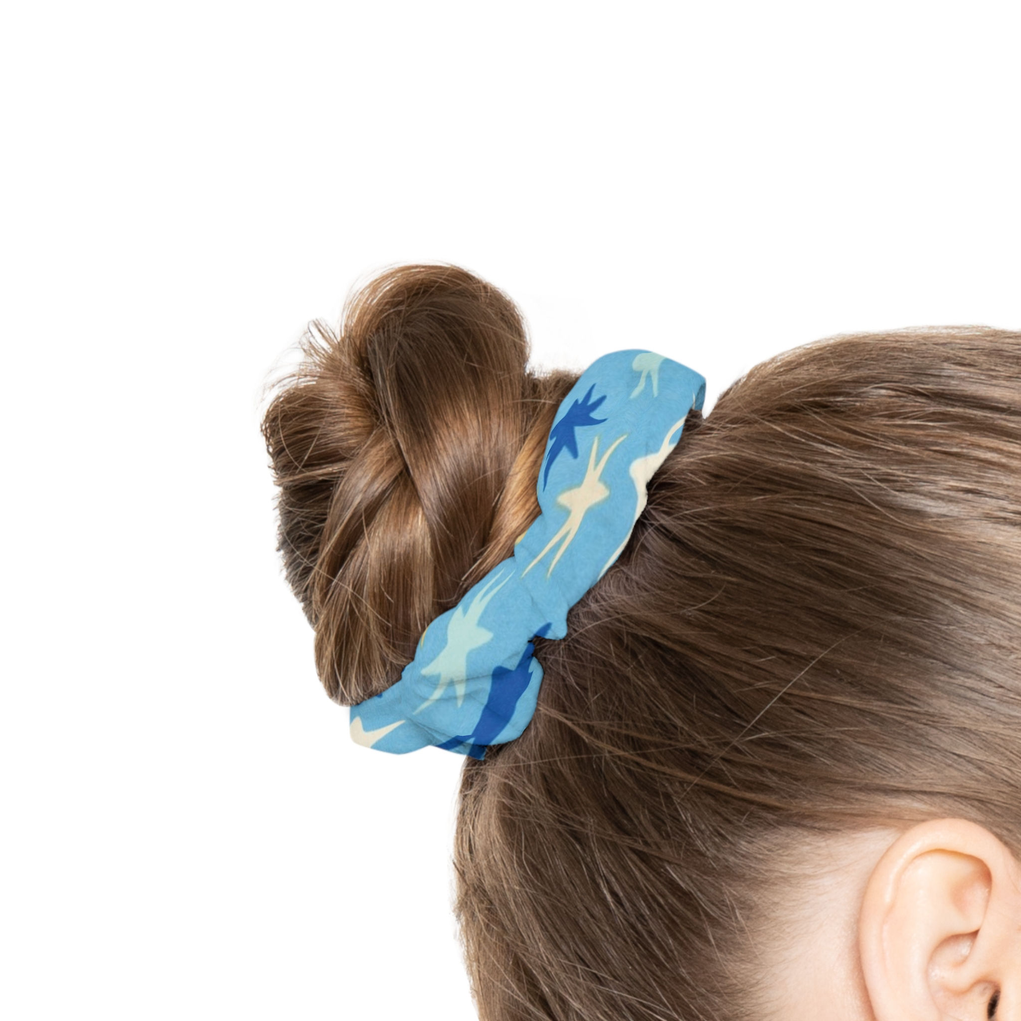 Sky Blue Abstract Scrunchie – Navy, Mint & Soft Yellow Pattern