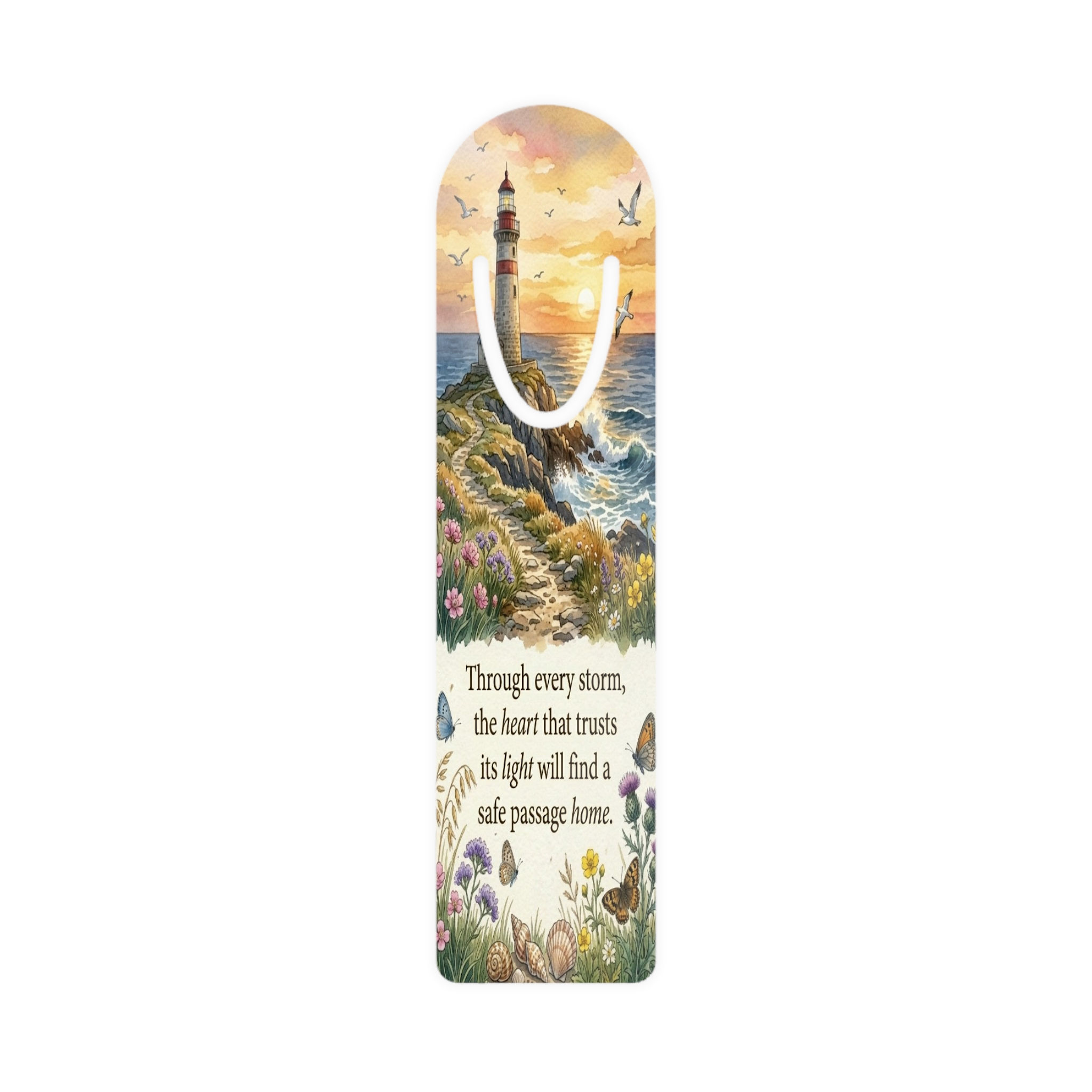 Lighthouse Serenity Bookmark — Inspirational Quote, Coastal Art Book Marker