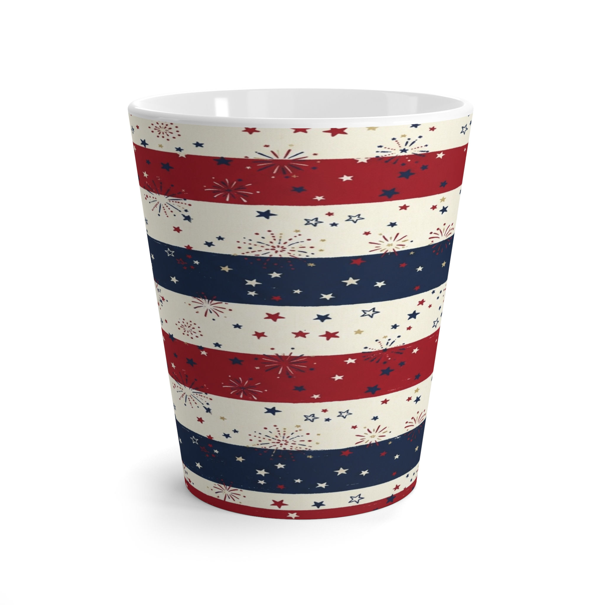 Patriotic Red White Blue Striped Latte Mug – 4th of July Fireworks Design