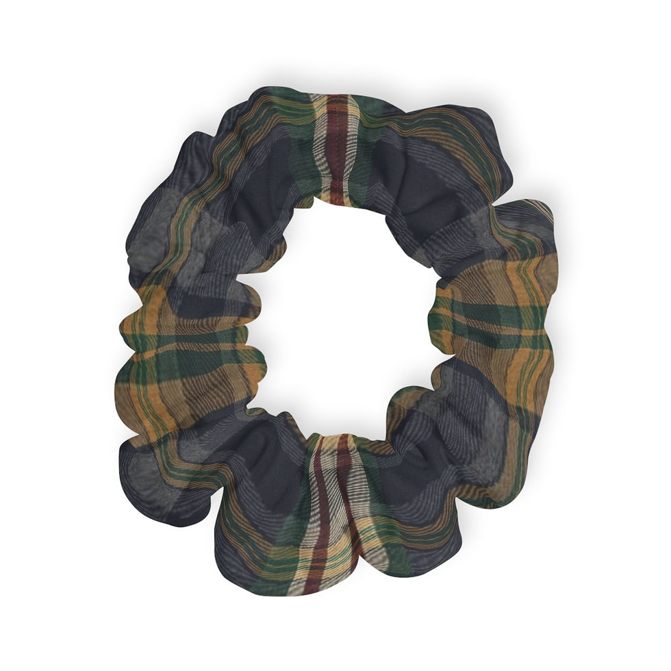 Thumbnail: Deep forest green plaid scrunchie with navy, warm tan and burgundy accents.
