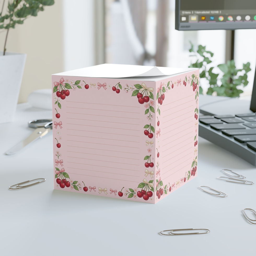 Thumbnail: Cherry Blossom Note Cube — Pink Lined Memo Pad with Cherry & Bow Border