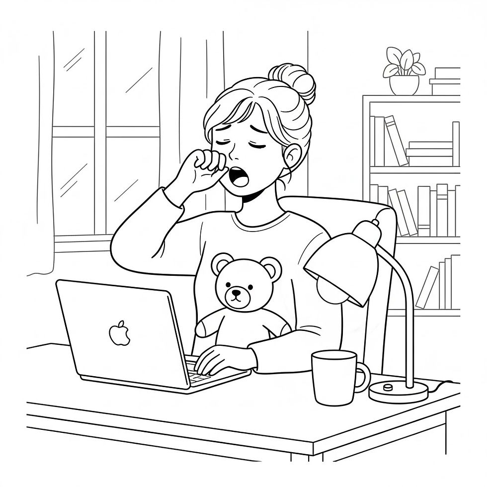 Hình thu nhỏ: Young woman yawning at laptop, teddy bear sweater, home office setting