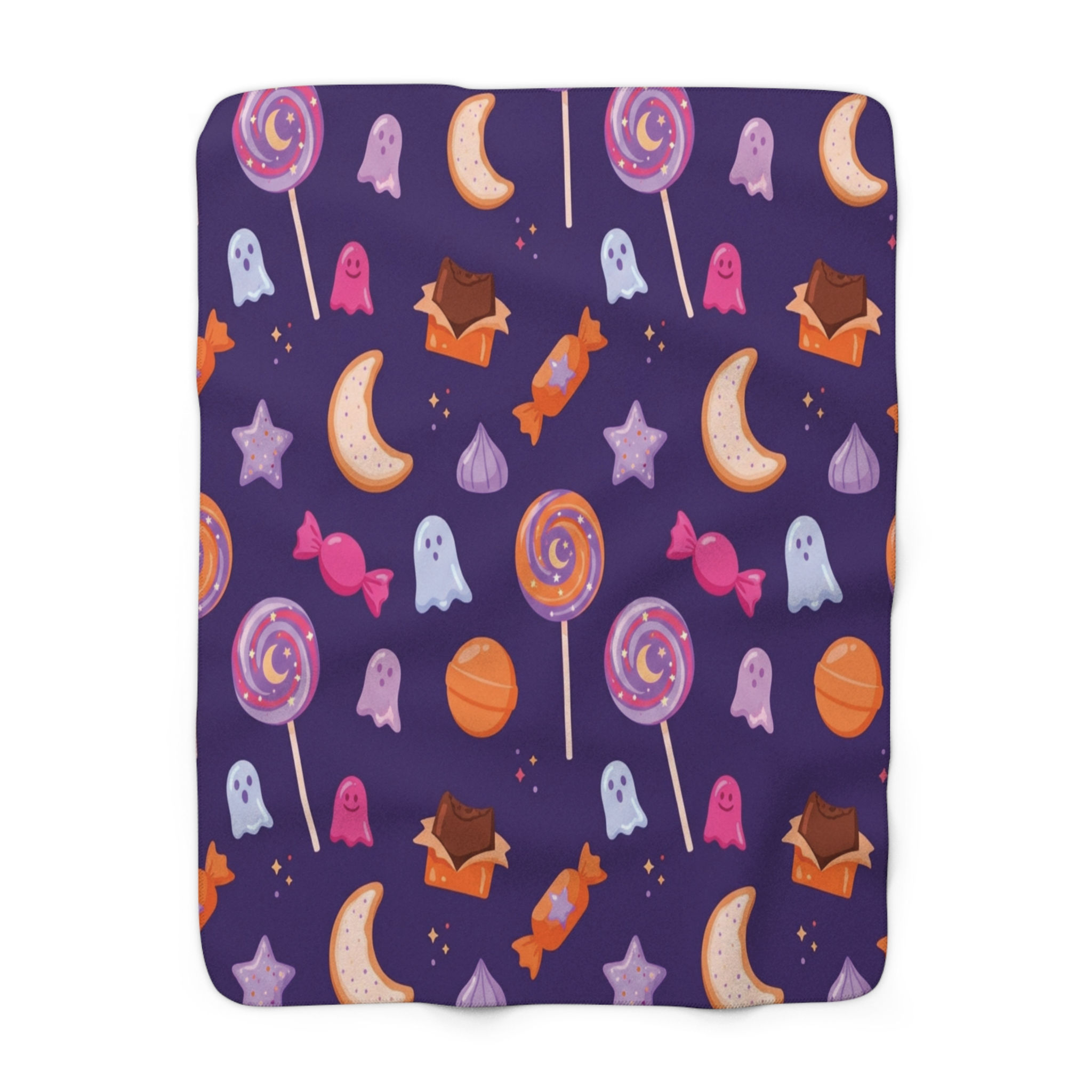 Halloween Candy Sherpa Blanket — Cute Ghosts & Moon Cozy Throw