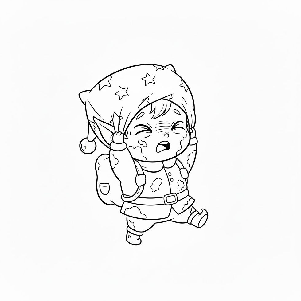Hình thu nhỏ: Cartoon elf struggling with pillow and backpack; spotted outfit, black and white.