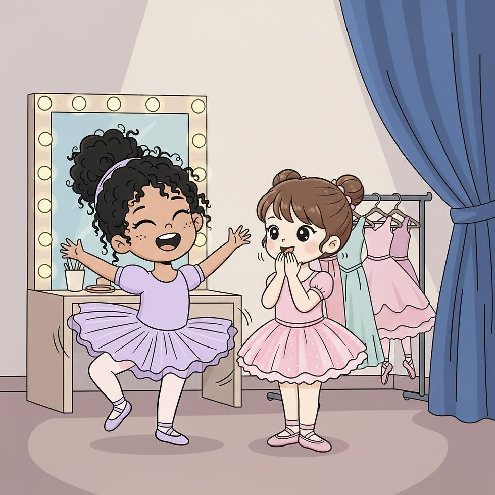 Thumbnail: Two happy young ballerinas in their rehearsal room with stage costumes