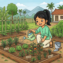 Girl watering vegetables in a small Vietnamese garden with plants, soil beds, and a countryside home coloring page