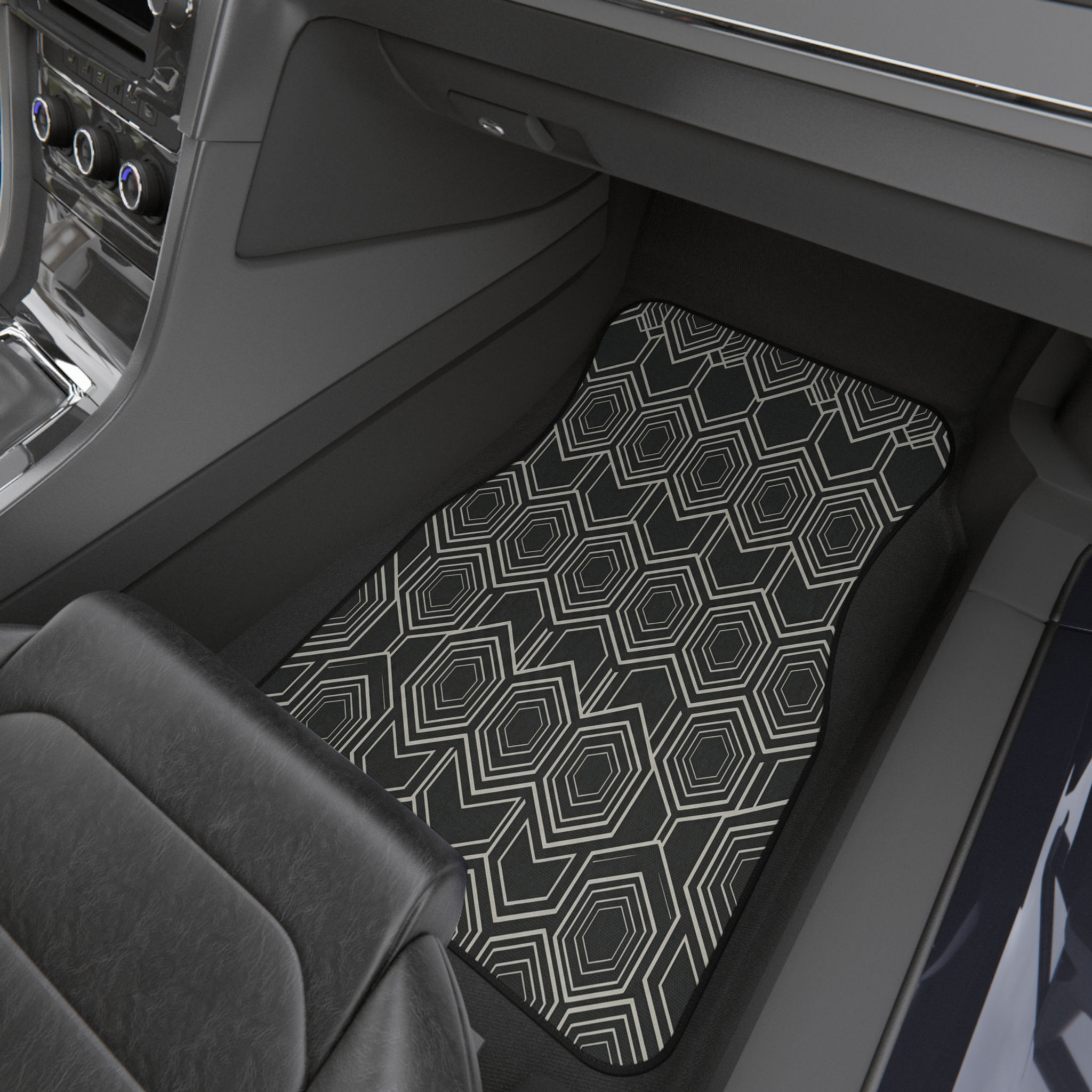 Geometric Hexagon Car Floor Mats — Front Pair, Modern Grey Pattern