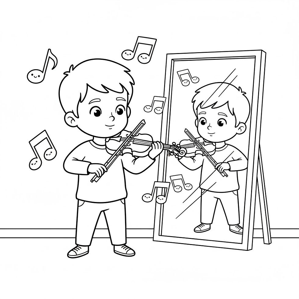 Hình thu nhỏ: Young boy playing violin with mirror, surrounded by musical notes
