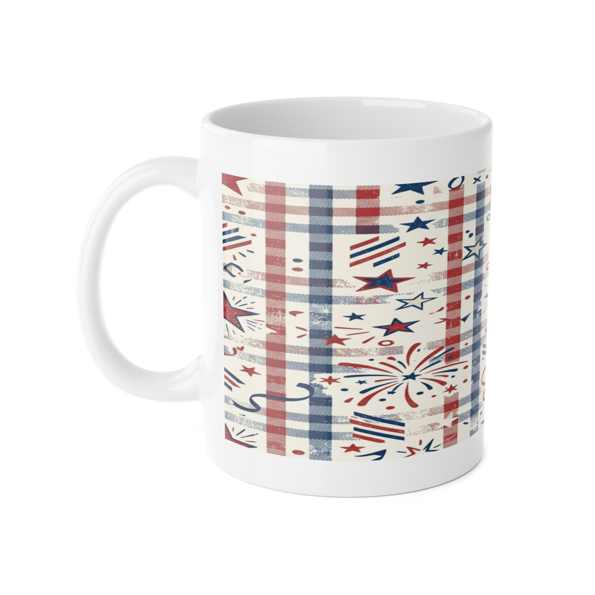 Patriotic Fireworks Ceramic Mug — 11oz Americana Stars & Stripes Coffee Cup