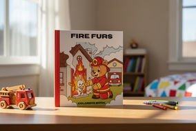 Fire Furs children’s coloring book displayed on a table with toy fire truck and crayons.