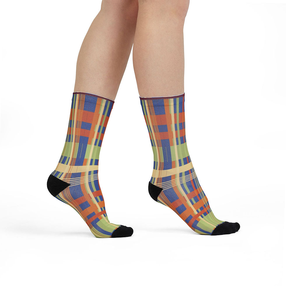 Hình thu nhỏ: Plaid Colorblock Crew Socks — Vibrant Orange & Blue Patterned Sublimation Socks
