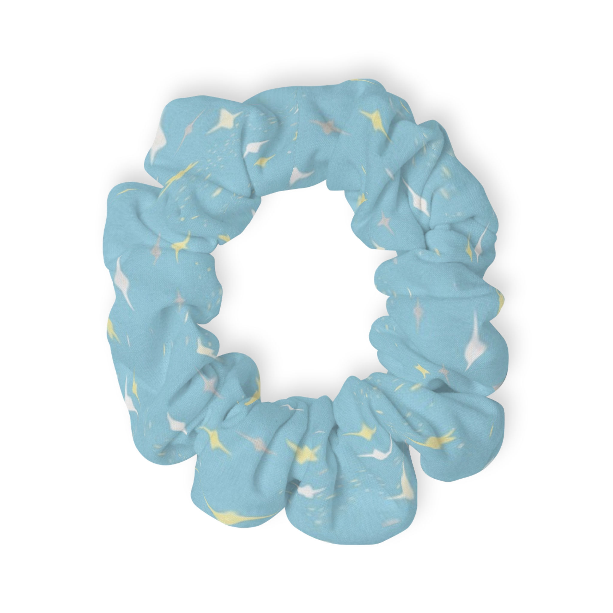 Sky Blue Starry Scrunchie – Soft Yellow & Blush Sparkle Pattern