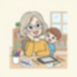 Woman and child smiling at desk with tablet, books, and colorful pencils.