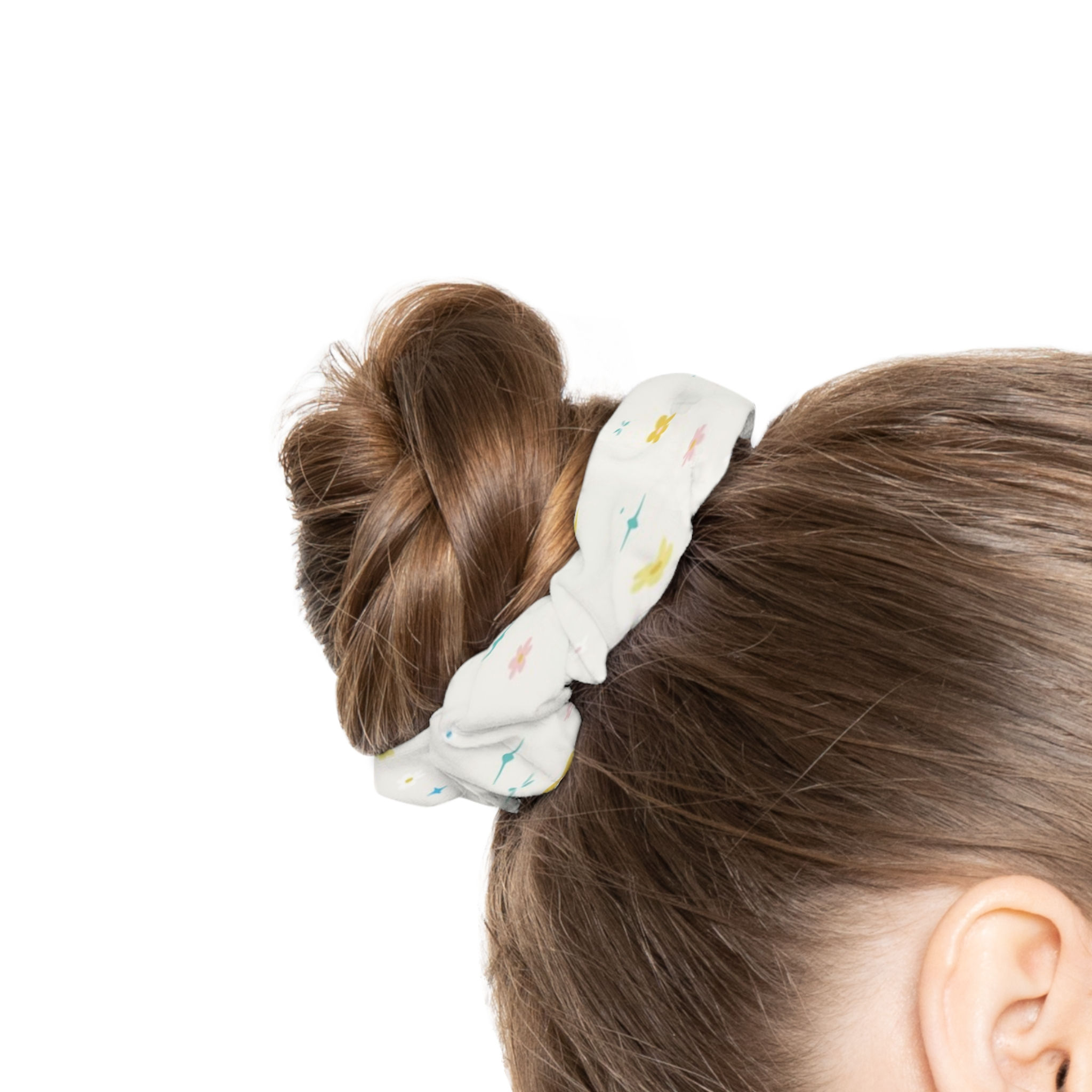 Ivory Sparkle Scrunchie – Aqua, Pink & Golden Yellow Pattern