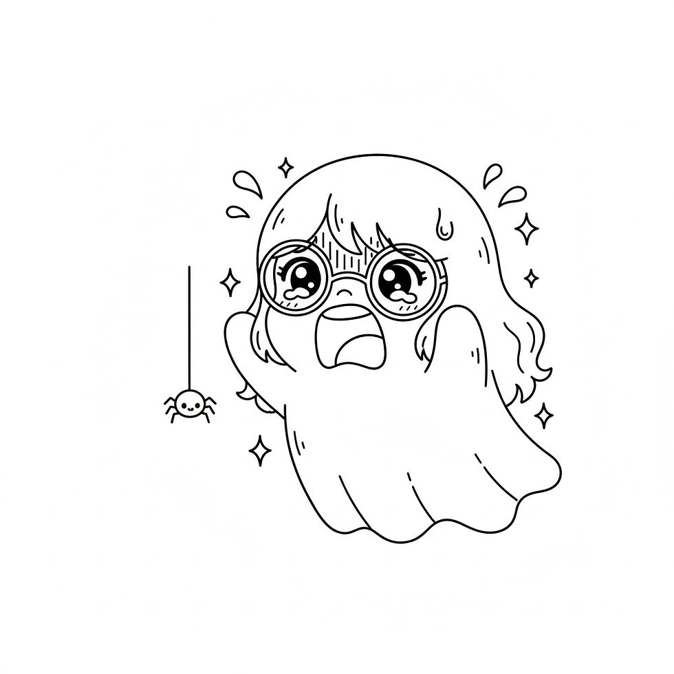 Hình thu nhỏ: Scared ghost with glasses screaming at a small spider, surrounded by stars.
