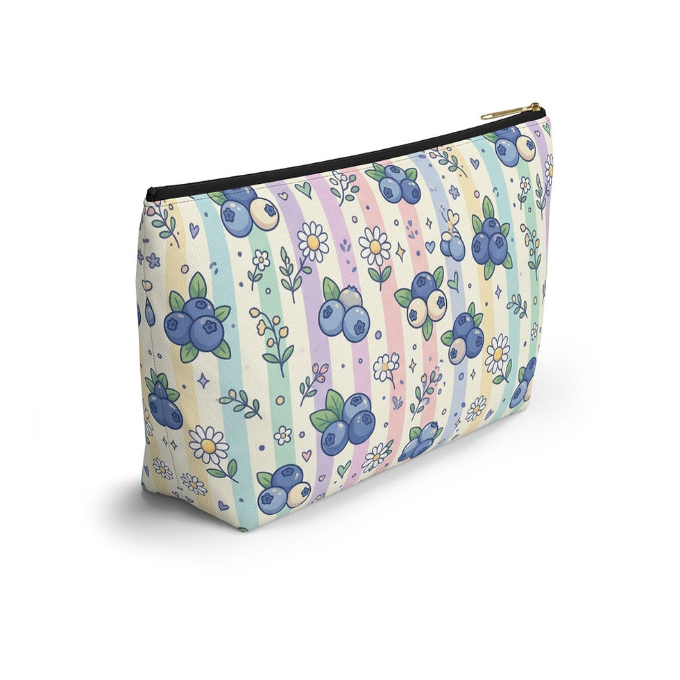 Thumbnail: Blueberry Pattern Accessory Pouch | T-Bottom Cosmetic Bag, Pastel Floral Stripe
