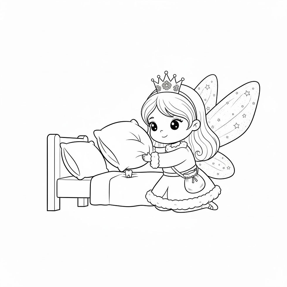 Hình thu nhỏ: Fairy placing a pillow on a bed with crown, wings, and stars illustration on white